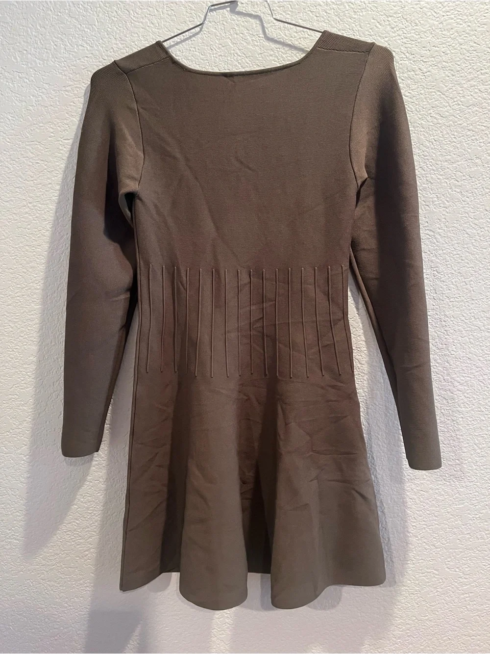 STAUD - Deora Square Knit Long Sleeve Pleated Mini Dress - sergeant green - Med - Picture 9 of 13